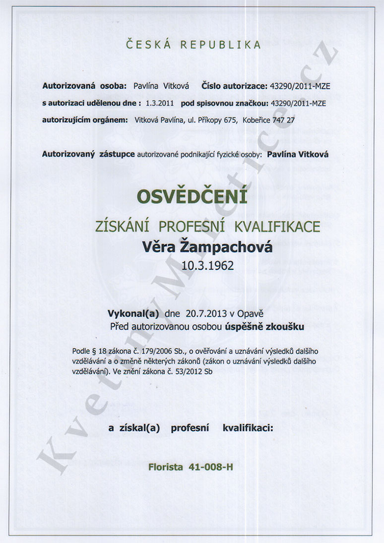 Certifikát Osvědčení o získání profesní kvalifikace 1